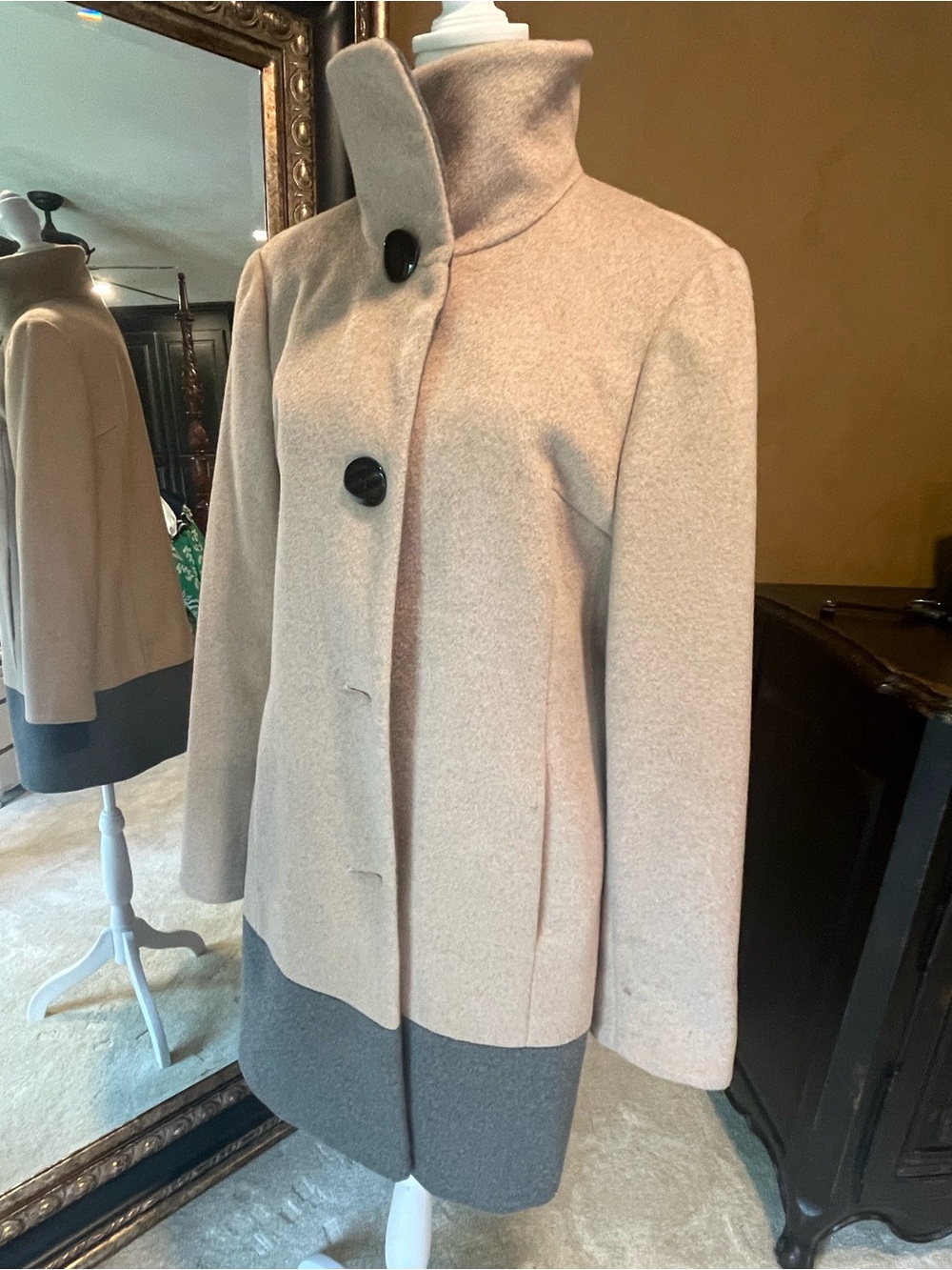 Ellen Tracy Two-Tone Beige and Gray Stand-Collar Pea Coat